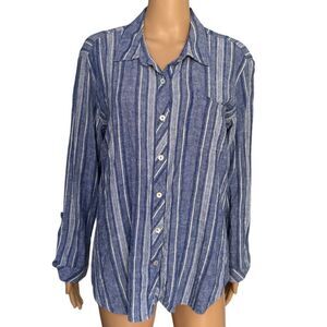 Susan Graver Blue LINEN BLEND Roll Sleeve Blouse Shirt Top Tropical Beach Sz XLP